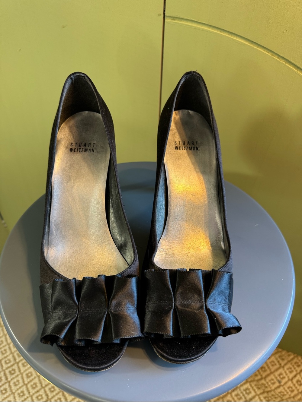 Stuart Weitzman Black Satin Peep-Toe Pumps with Ruffle Bow